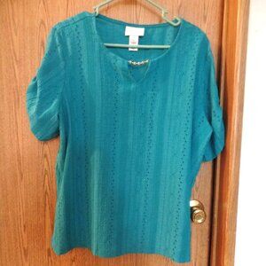 Alfred Dunner Ladies' Teal Blue Eyelet Pullover Shirt with Bead Necklace, Size L
